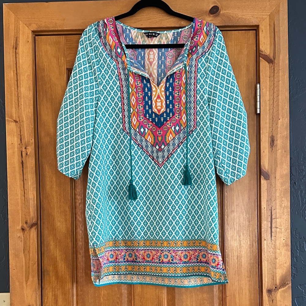 Vibrant Teal and Pink Women's Tunic/ swim coverup